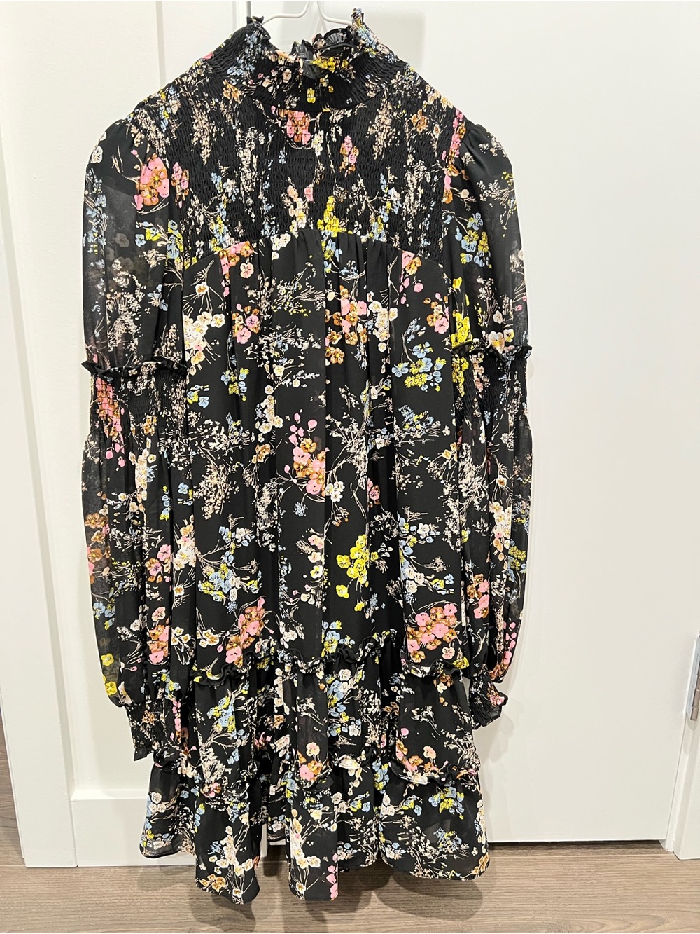 cinq a sept Black Floral Smocked High-Neck Tiered Dress